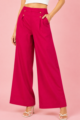Fuchsia cotton pleated wide-leg trousers for women 2