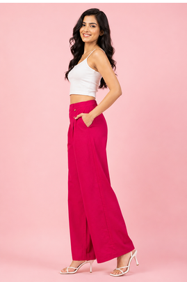 Fuchsia cotton pleated wide-leg trousers for women 3