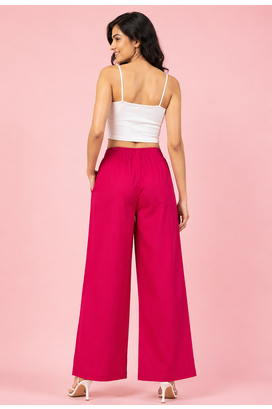 Fuchsia cotton pleated wide-leg trousers for women 4