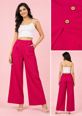 Fuchsia cotton pleated wide-leg trousers for women 5