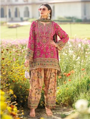 Rani pink heavy chinon silk blend digital print hand work kurta pant dupatta set 3