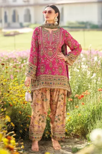 Rani pink heavy chinon silk blend digital print hand work kurta pant dupatta set