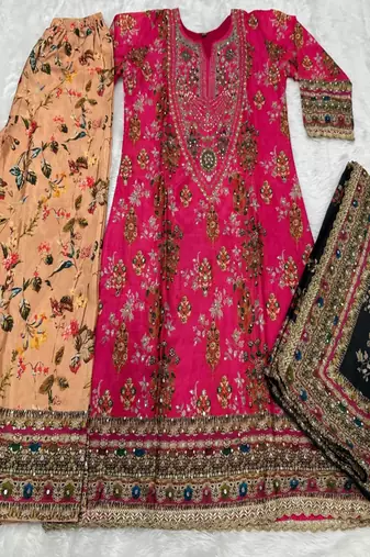 Rani pink heavy chinon silk blend digital print hand work kurta pant dupatta set