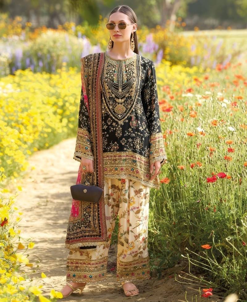 Black heavy chinon silk blend digital print hand work kurta pant dupatta set