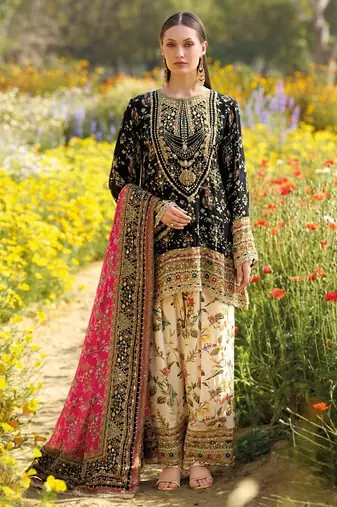 Black heavy chinon silk blend digital print hand work kurta pant dupatta set