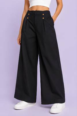 Black cotton pleated wide-leg trousers for women 2