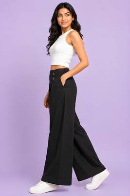 Black cotton pleated wide-leg trousers for women 3