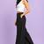 Black cotton pleated wide-leg trousers for women