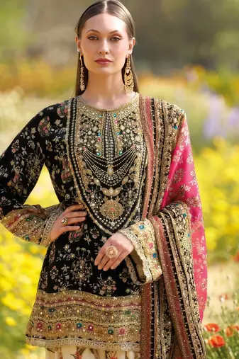 Black heavy chinon silk blend digital print hand work kurta pant dupatta set