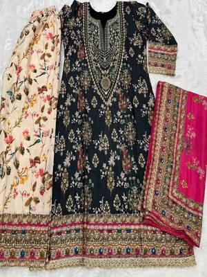 Black heavy chinon silk blend digital print hand work kurta pant dupatta set 4