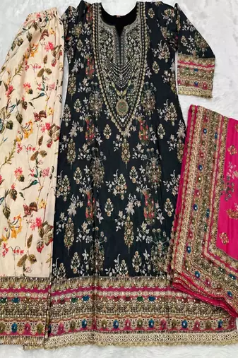 Black heavy chinon silk blend digital print hand work kurta pant dupatta set