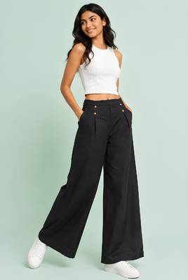 Black cotton pleated wide-leg trousers for women 5