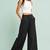 Black cotton pleated wide-leg trousers for women