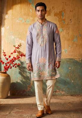 lilac embroidered silk kurta with cotton cream pajama  1