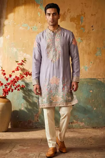 lilac embroidered silk kurta with cotton cream pajama 