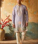 lilac embroidered silk kurta with cotton cream pajama 