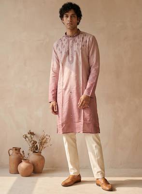 peach embroidered silk kurta with cotton cream pajama  1