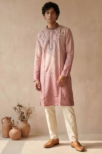 peach embroidered silk kurta with cotton cream pajama 