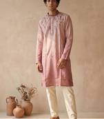 peach embroidered silk kurta with cotton cream pajama 