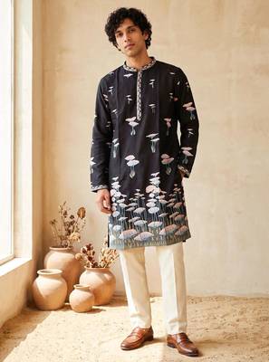 black embroidered silk kurta with cotton cream pajama  1