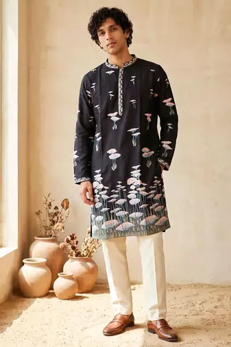 black embroidered silk kurta with cotton cream pajama 