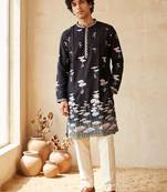 black embroidered silk kurta with cotton cream pajama 