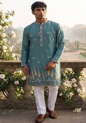 light blue embroidered silk kurta with cotton cream pajama  1