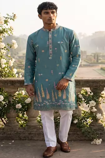 light blue embroidered silk kurta with cotton cream pajama 