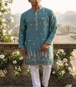 light blue embroidered silk kurta with cotton cream pajama 