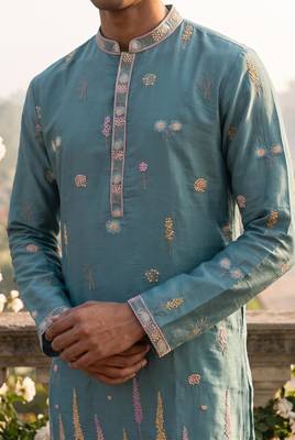 light blue embroidered silk kurta with cotton cream pajama  2