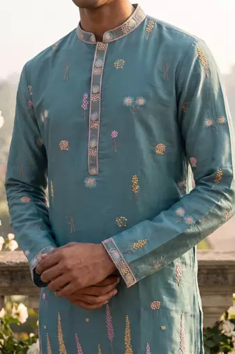 light blue embroidered silk kurta with cotton cream pajama 