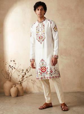 black embroidered silk kurta with cotton cream pajama  1