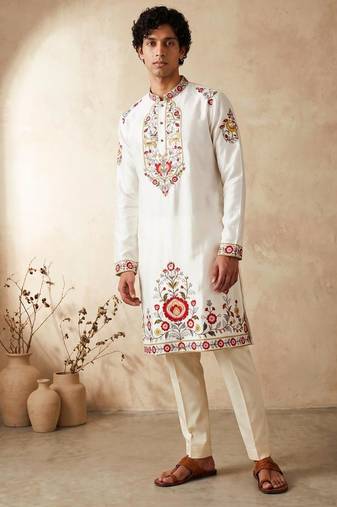 black embroidered silk kurta with cotton cream pajama 