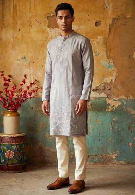 Grey embroidered silk kurta with cotton cream pajama  1