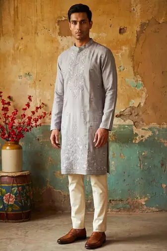 Grey embroidered silk kurta with cotton cream pajama 