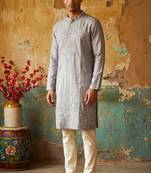 Grey embroidered silk kurta with cotton cream pajama 