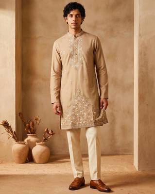 peach embroidered silk kurta with cotton cream pajama  1