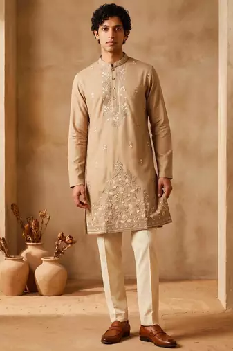 peach embroidered silk kurta with cotton cream pajama 