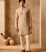 peach embroidered silk kurta with cotton cream pajama 