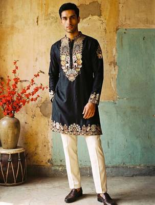 white embroidered silk kurta with cotton cream pajama  1