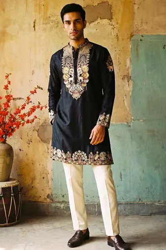 white embroidered silk kurta with cotton cream pajama 