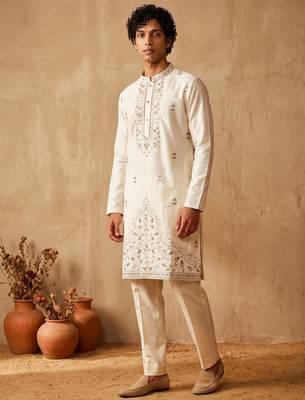 White embroidered silk kurta with cotton cream pajama  1
