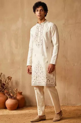 White embroidered silk kurta with cotton cream pajama 