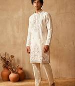 White embroidered silk kurta with cotton cream pajama 