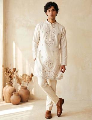 White embroidered silk kurta with cotton cream pajama  2