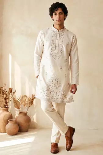 White embroidered silk kurta with cotton cream pajama 