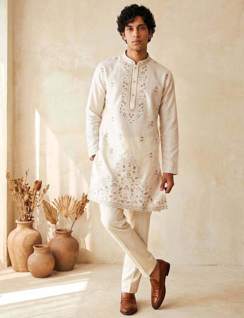 White embroidered silk kurta with cotton cream pajama 