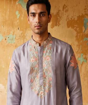 lilac embroidered silk kurta with cotton cream pajama  2