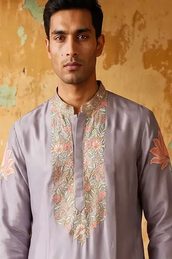 lilac embroidered silk kurta with cotton cream pajama 