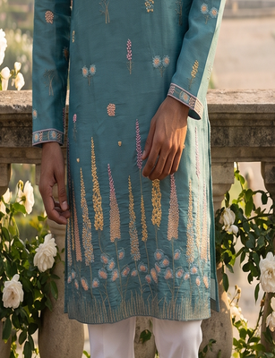 light blue embroidered silk kurta with cotton cream pajama  3